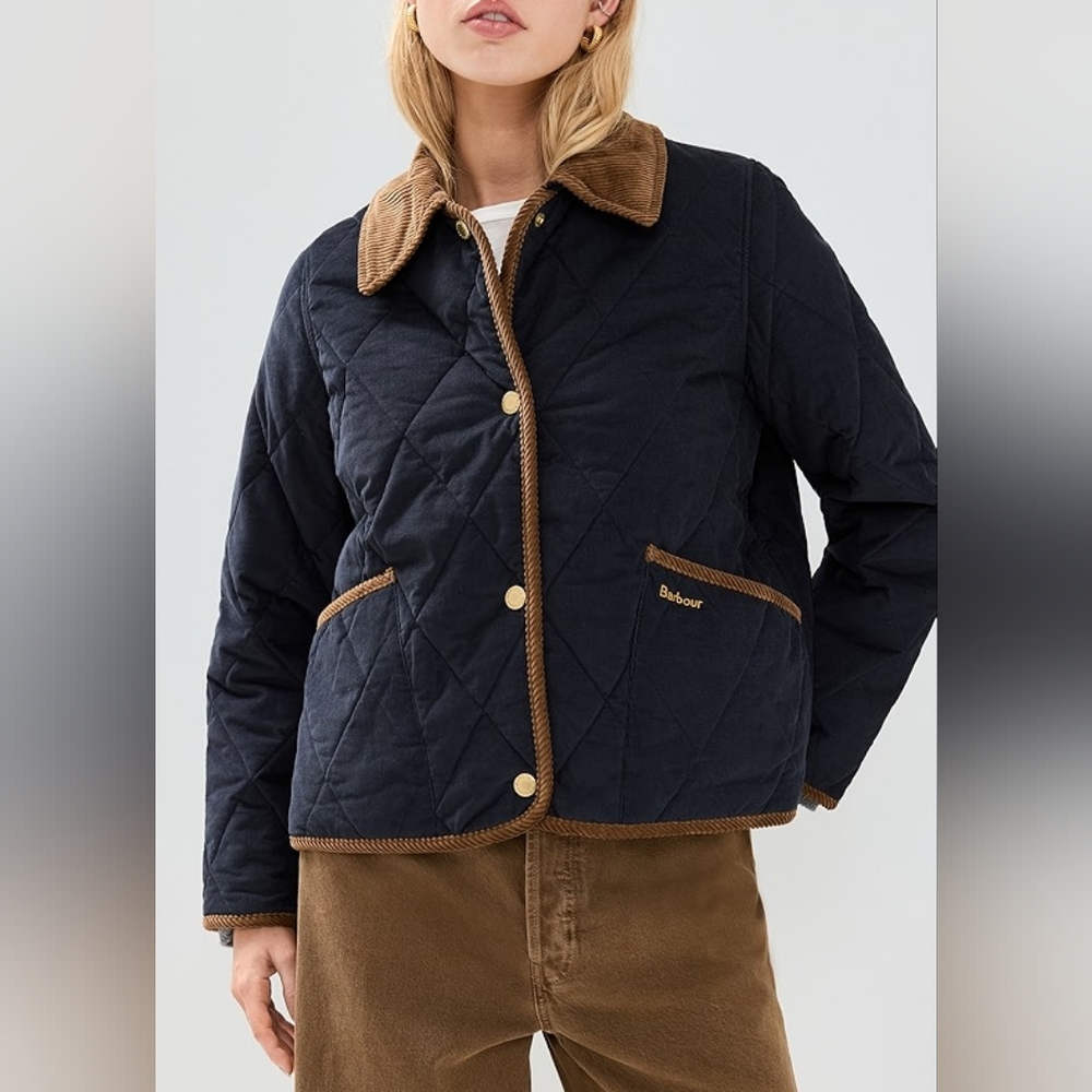 Barbour Navy Quilted Jacket with Brown Corduroy Collar - Picture 6 of 6